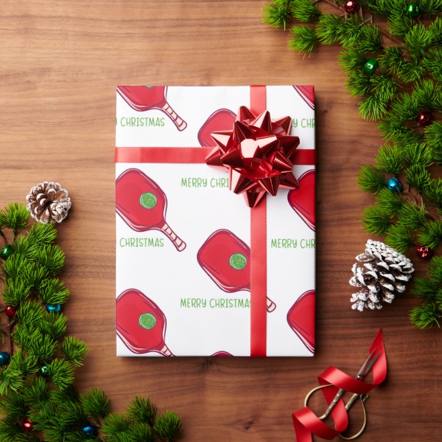 Papel De Regalo Merry Christmas Pickleball Red Paddle & Green Ball (Regalo de vacaciones)
