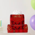 Papel De Regalo Merry Christmas Red Poinsettia Elegante Guión de O<br><div class="desc">Feliz Navidad Elegante Faux Relieve metalizado dorado Guión de oro Patrón de texto dorado sobre Navidades Patrón rojo,  Estilo de poinsettia,  Glossy de temporada navideña o Papel de ajuste de regalo mate,  puede agregar nombre o texto</div>