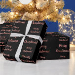 Papel De Regalo Merry Christmas Rosa Gold Black Script Typography<br><div class="desc">Diseño Rosa Gold Merry Christmas con una simple tipografía de escritura sobre un fondo negro. El diseño tiene un patrón repetido del mensaje "Feliz Navidad", perfecto para tu regalo navideño esta temporada navideña. Si quieres cambiarlo, puedes personalizarlo fácilmente cambiando el mensaje de vacaciones. También puede cambiar los colores con un...</div>