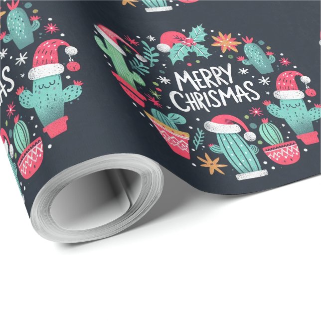 Papel De Regalo Merry Christmas Santa Cactus (Esquina del rollo)