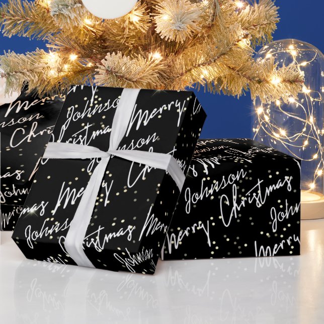 Papel De Regalo Merry Christmas Script Black Name Gold Confetti (Vacaciones)
