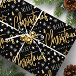 Papel De Regalo Merry Christmas Script Custom Name Black Faux Gold<br><div class="desc">¡Haz que los regalos de vacaciones sean especiales con el papel de envoltura de nombres personalizados! Esta plantilla editable presenta un saludo de "Feliz Navidad", y se personaliza con el nombre del destinatario, el nombre de su familia o el año festivo. Cuenta con un diseño moderno y elegante con fuentes...</div>