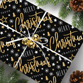 Papel De Regalo Merry Christmas Script Custom Name Black Faux Gold