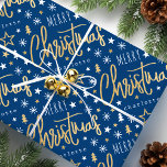 Papel De Regalo Merry Christmas Script Custom Name Blue Faux Gold<br><div class="desc">¡Haz que los regalos de vacaciones sean especiales con el papel de envoltura de nombres personalizados! Esta plantilla editable presenta un saludo de "Feliz Navidad", y se personaliza con el nombre del destinatario, el nombre de su familia o el año festivo. Cuenta con un diseño moderno y elegante con fuentes...</div>