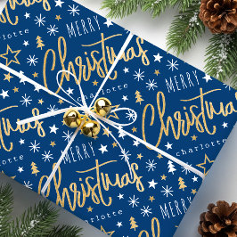 Papel De Regalo Merry Christmas Script Custom Name Blue Faux Gold