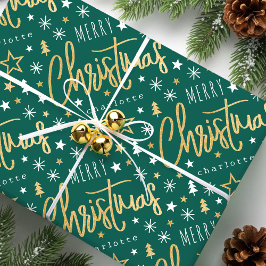 Papel De Regalo Merry Christmas Script Custom Name Green Faux Gold