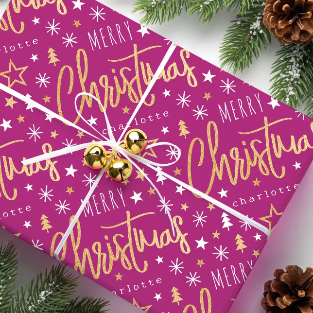 Papel De Regalo Merry Christmas Script Custom Name Pink Faux Gold (Subido por el creador)