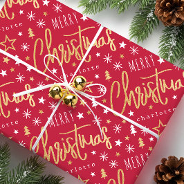 Papel De Regalo Merry Christmas Script Custom Name Red Faux Gold