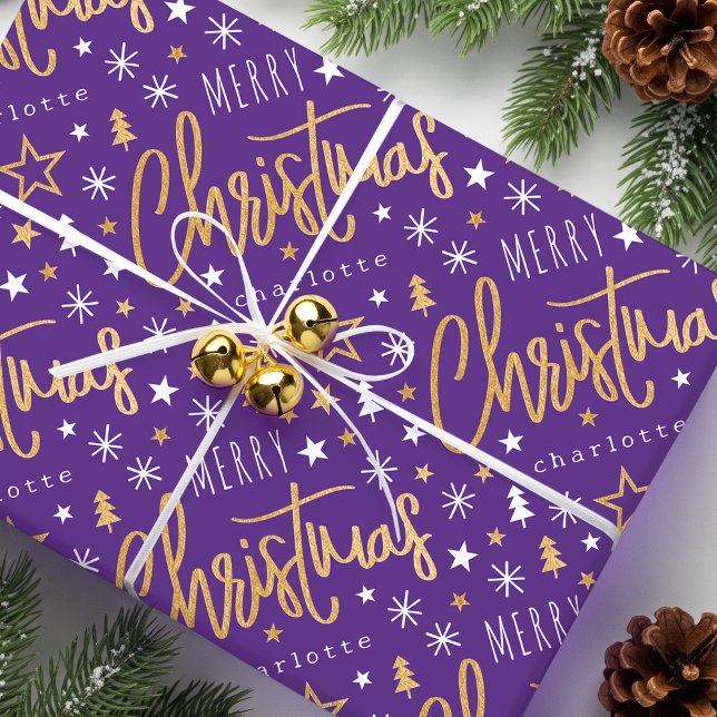 Papel De Regalo Merry Christmas Script Personalizado Purple Faux G (Subido por el creador)