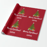 Papel De Regalo Merry Christmas Tree Baubles Lughts Personalizado<br><div class="desc">Envoltura de regalo para Navidades modernos para niños,  con un árbol de Navidad decorado con azulejos,  luces y dulces; el saludo "Feliz Navidad" en tipografía elegante; y un nombre personalizado. En un fondo rojo de Navidad.</div>