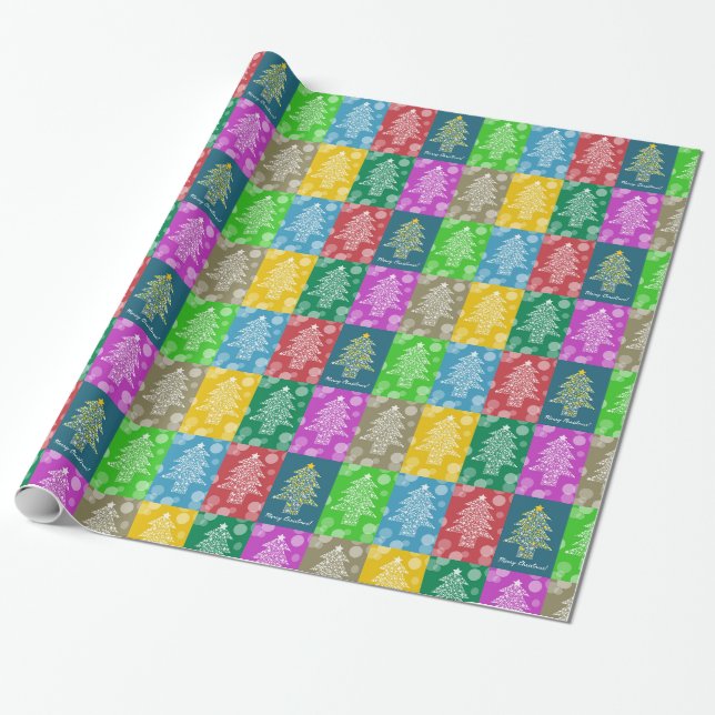 Papel De Regalo Merry Christmas Tree Pattern Twinkle colorido (Desenrollado)