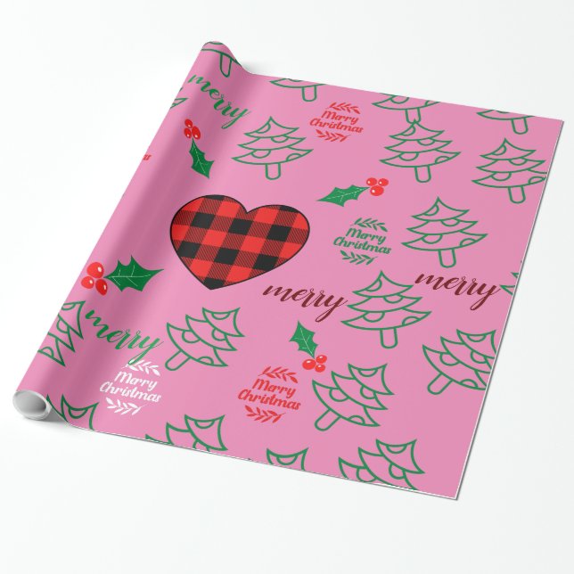 Papel De Regalo Merry Christmas Tree Pink (Desenrollado)