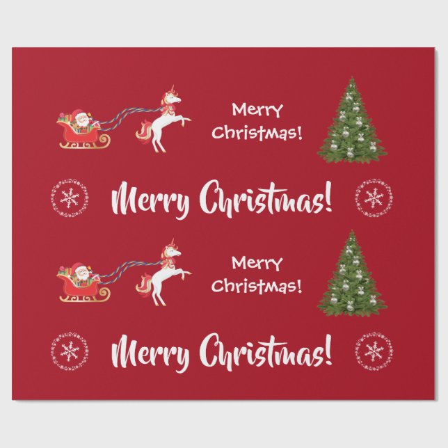 Papel De Regalo Merry Christmas Tree Santa Cute Girly Unicorn Red (Superficie plana)
