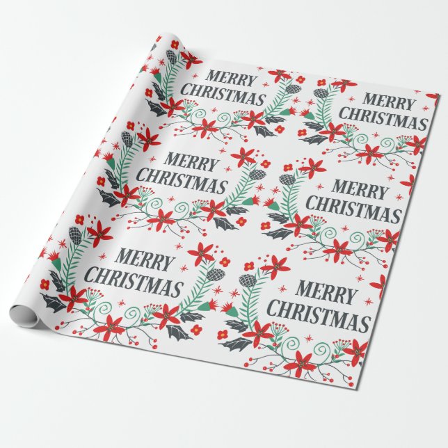 Papel De Regalo Merry Christmas Typography Floral Bouquet (Desenrollado)