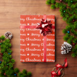 Papel De Regalo Merry Christmas Typography White Red Pattern<br><div class="desc">Un patrón de tipografía navideña en escritura blanca casual y acentuado con estrellas en un fondo rojo. Se muestra aquí en papel de envoltura de regalo de rollos. Puede seleccionar su color favorito para el fondo y cambiar el tamaño del patrón si lo desea. Es un diseño festivo apropiado para...</div>