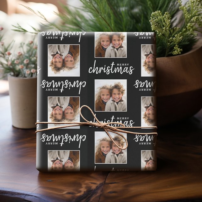 Papel De Regalo Merry Christmas with One Square Photo - black (Personalized wrapping paper with one photo)