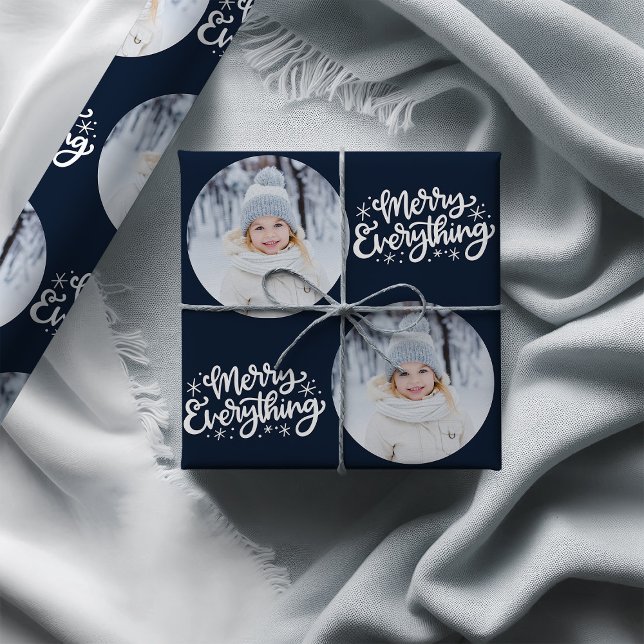 Papel De Regalo Merry Everything Calligraphy Round Photo Blue (Photo Wrapping Paper - Merry Everything)