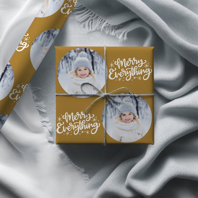 Papel De Regalo Merry Everything Calligraphy Round Photo Gold (Photo Wrapping Paper - Merry Everything)
