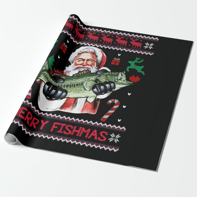 Papel De Regalo Merry Fishmas Santa Fishing Navidades feos suéter (Desenrollado)
