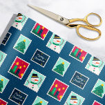 Papel De Regalo Merry Mail Blue Holiday Postage Stamps Pattern<br><div class="desc">This festive holiday gift wrapping paper features a pattern of merry illustrated postage stamps,  including a cute winter snowman,  a smiling Christmas tree,  bright lit candles,  and "Merry Christmas" modern script text with a starry night sky. The blue background color can be customized.</div>