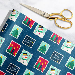 Papel De Regalo Merry Mail Blue Holiday Postage Stamps Pattern