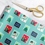 Papel De Regalo Merry Mail Teal Holiday Postage Stamps Pattern<br><div class="desc">This festive holiday gift wrapping paper features a pattern of merry illustrated postage stamps,  including a cute winter snowman,  a smiling Christmas tree,  bright lit candles,  and "Merry Christmas" modern script text with a starry night sky. The light teal green blue background color can be customized.</div>