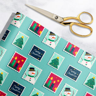 Papel De Regalo Merry Mail Teal Holiday Postage Stamps Pattern
