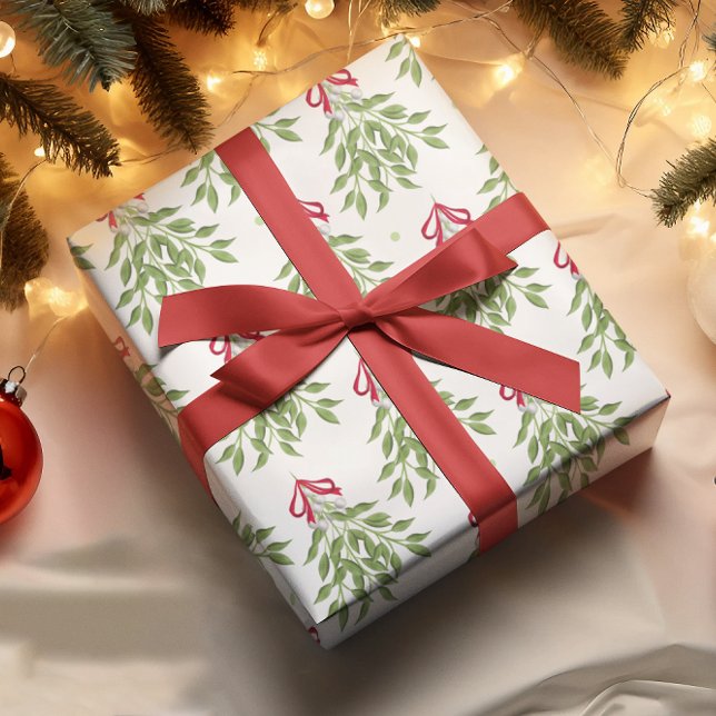 Papel De Regalo Merry Mistletoe con bayas blancas (Mistletoe holiday Christmas wrapping paper roll)