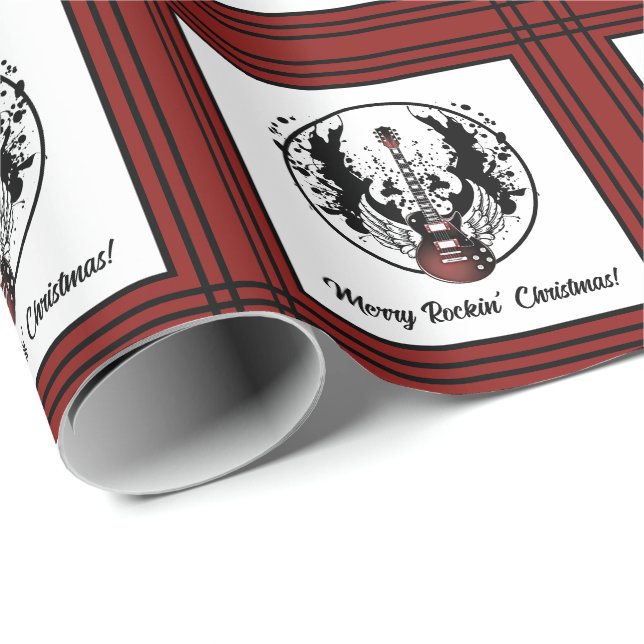 Papel De Regalo Merry Rockin Christmas Guitar Rock & Roll Musician (Esquina del rollo)
