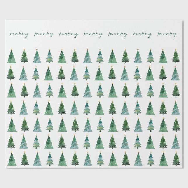 Papel De Regalo Merry Script Watercolor Festive Christmas Tree (Superficie plana)