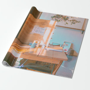 PAPEL DE REGALO MESA DE MADERA MARRÓN CON IMPRESORA BLANCA