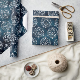 Papel De Regalo Metálico Azul. Damask Elegant Moda Navidades