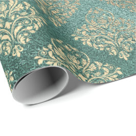 Papel De Regalo Metálico de vidrio brillante Verde azulado Damask 