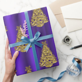 Papel De Regalo Metallic Gold Christmas Trees on Purple Christmas
