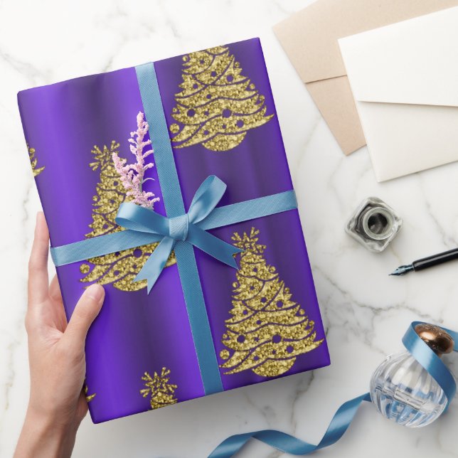 Papel De Regalo Metallic Gold Christmas Trees on Purple Christmas (Regalar)