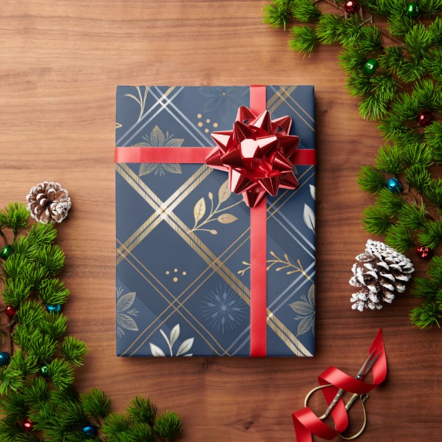 Papel De Regalo Metallic Luxe Navy Plaid Christmas Wrapping Paper (Regalo de vacaciones)