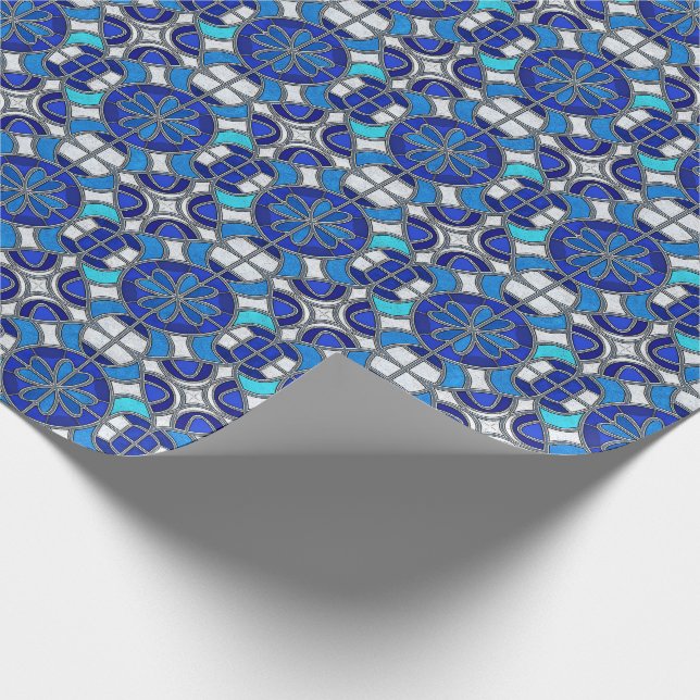 Papel De Regalo Metallic Silver, Blue Shades Stained Glass Style (Esquina)