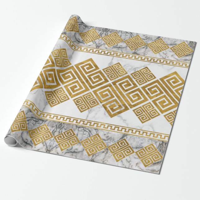 Papel De Regalo Metro griego - Mármol blanco y oro clave griegos (Desenrollado)