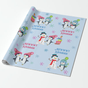 Papel De Regalo Mewwwy Kissmas Pingüinos Snowmen y Snowflakes