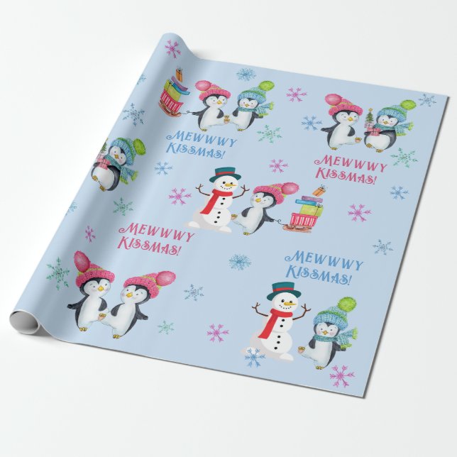 Papel De Regalo Mewwwy Kissmas Pingüinos Snowmen y Snowflakes (Desenrollado)