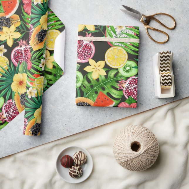 Papel De Regalo Mezcla tropical, flores y hojas en negro (Artesanía)