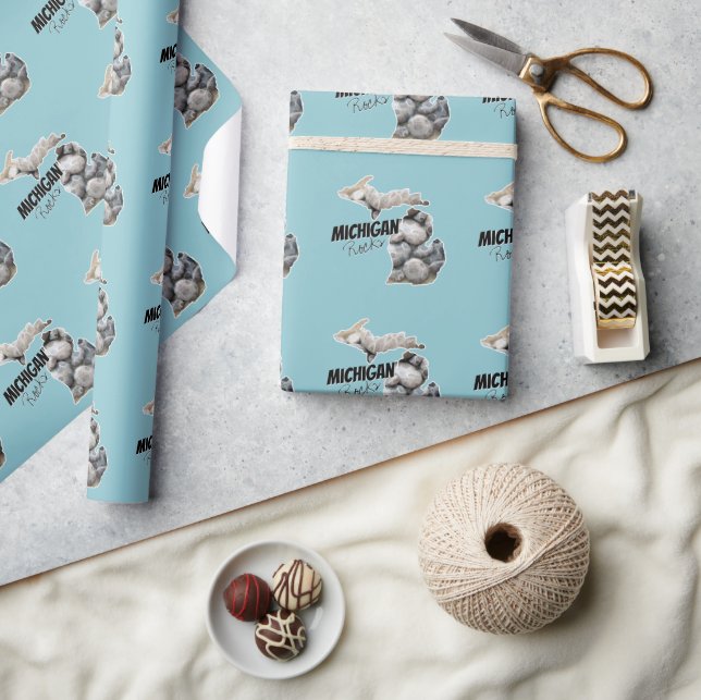 Papel De Regalo Michigan Silhouette Llena De Piedras De Petoskey (Artesanía)