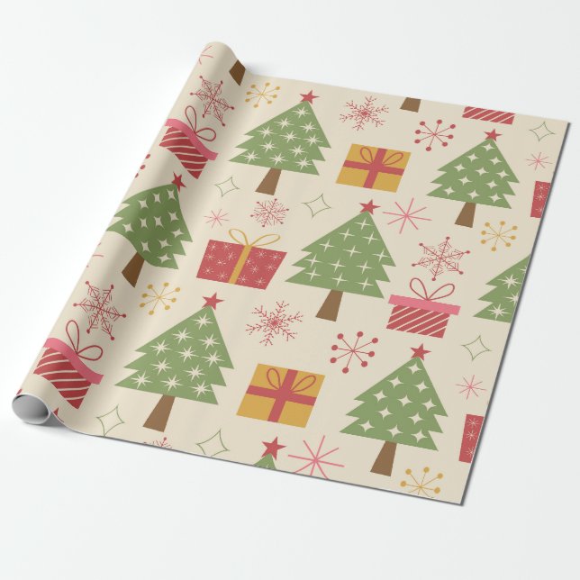 Papel De Regalo Mid Century Christmas Atomic Trees with Snowflakes (Desenrollado)