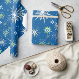 Papel De Regalo Mid-Century Snowflakes Galore On Blue