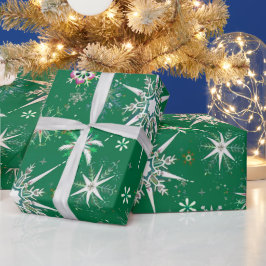 Papel De Regalo Mid-Century Snowflakes Galore On Green