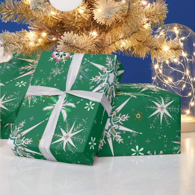 Papel De Regalo Mid-Century Snowflakes Galore On Green (Vacaciones)
