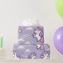 Papel De Regalo Mini Unicornios y estrellas de tiro en lavanda