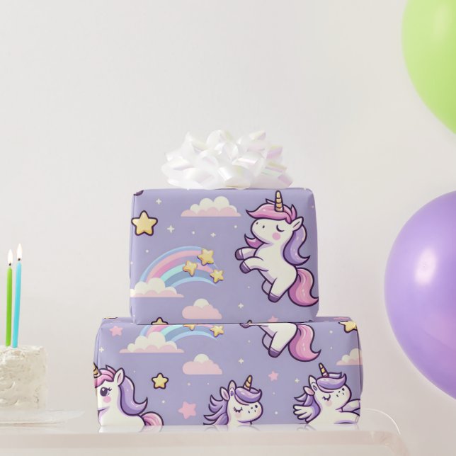 Papel De Regalo Mini Unicornios y estrellas de tiro en lavanda (Regalos de fiesta)