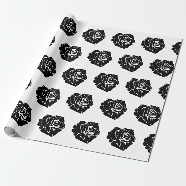 Papel De Regalo Minimal Black and White Rose Pattern (Desenrollado)