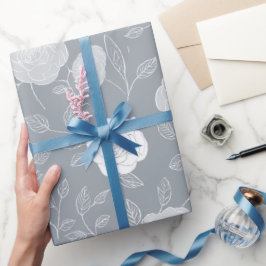 Papel De Regalo Minimal Soft Grey Rose White Floral Pattern